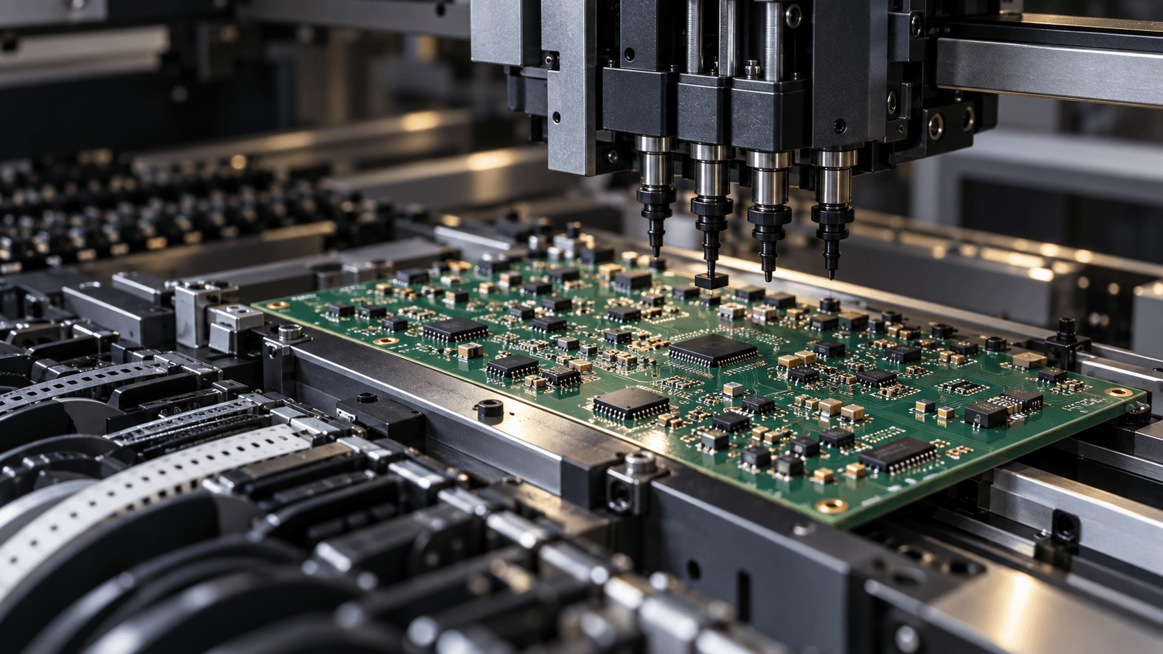 A precision assembly head above a printed circuit board